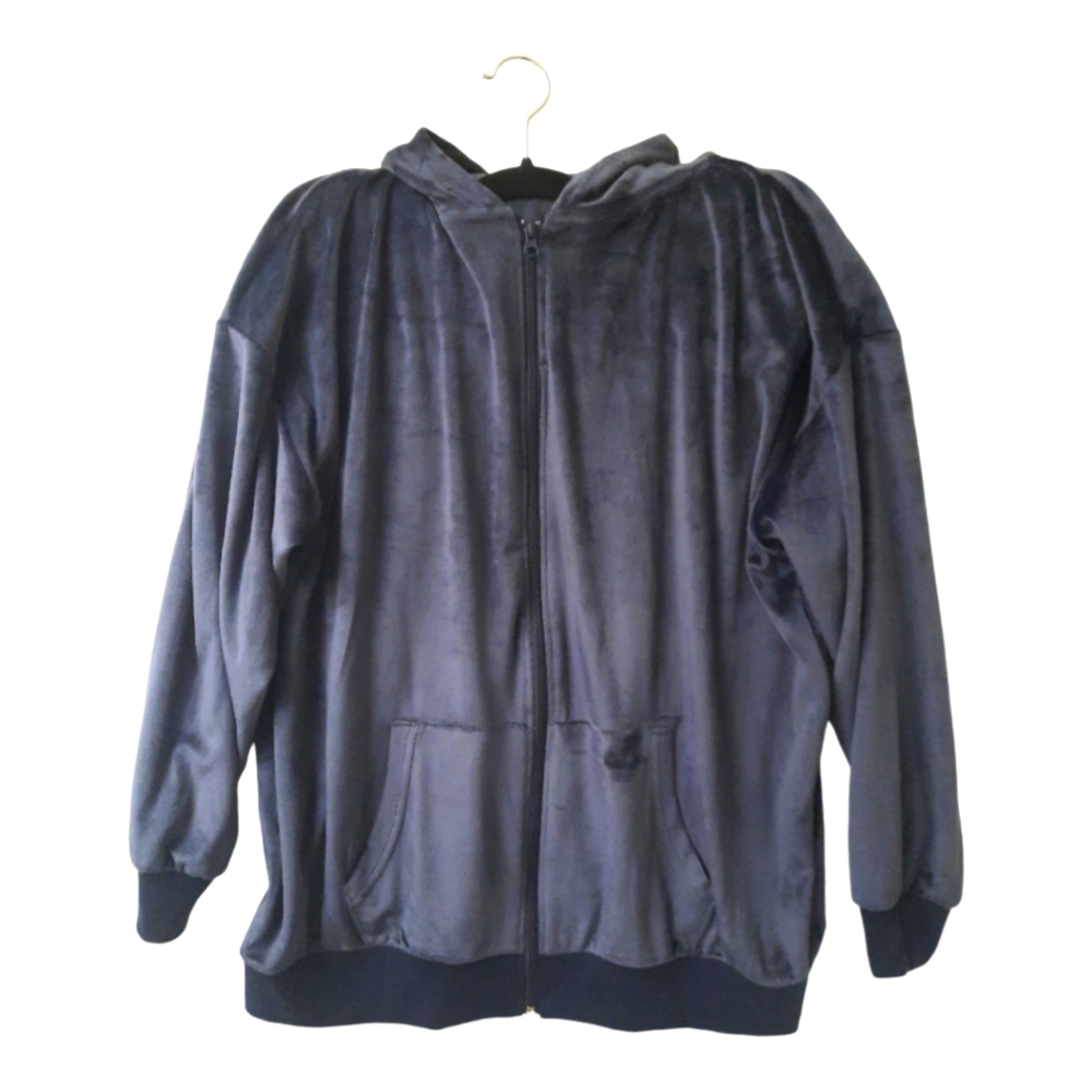 New Navy Blue Full Zip Velvety soft Velour Womens Hooded Long Sleeve Size L-XL